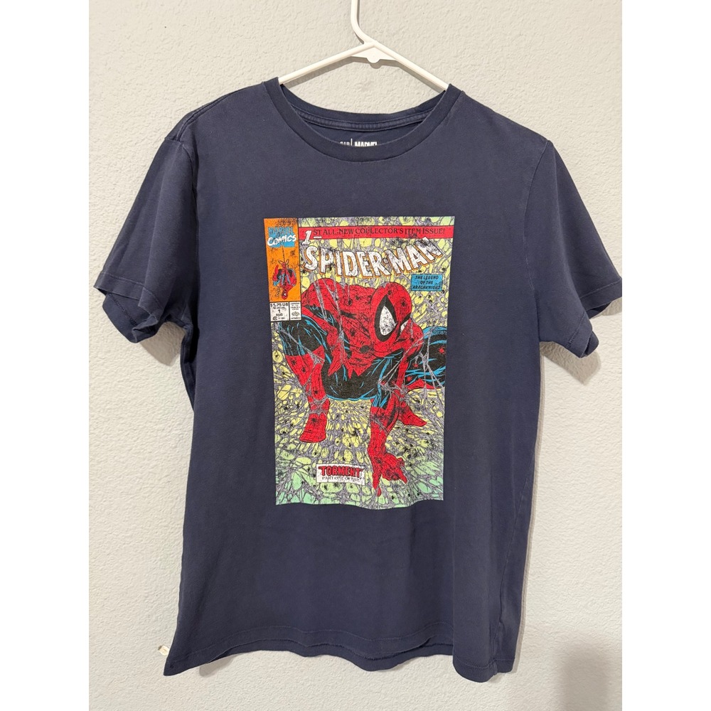 Gap Marvel Spider-Man Comic Book Cover Graphic T-Shirt Navy Blue Small Women